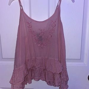 pink ruffled embroidered tank